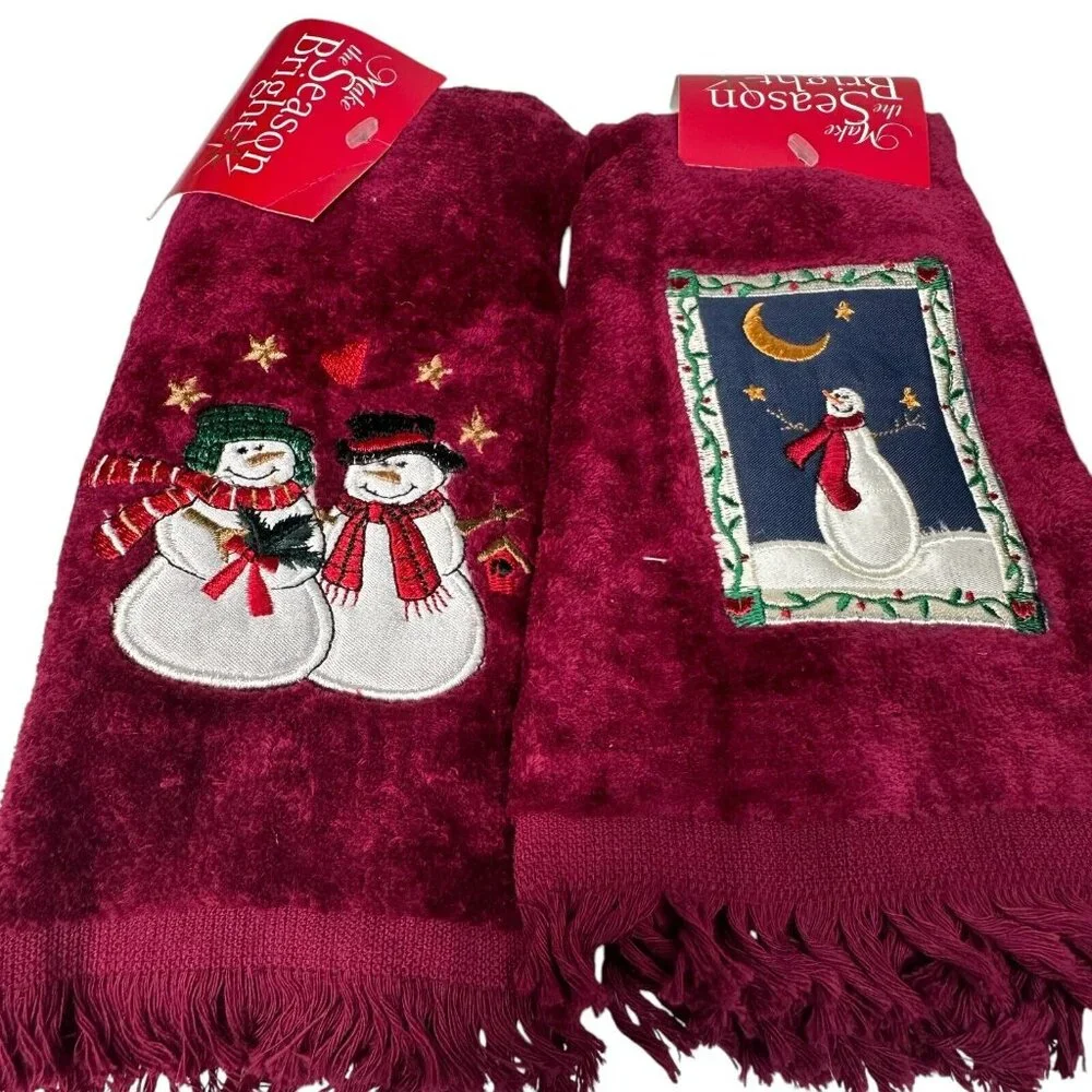Vintage Snowman Make The Season Bright Tip Towel Christmas Set of 3 100% Cotton